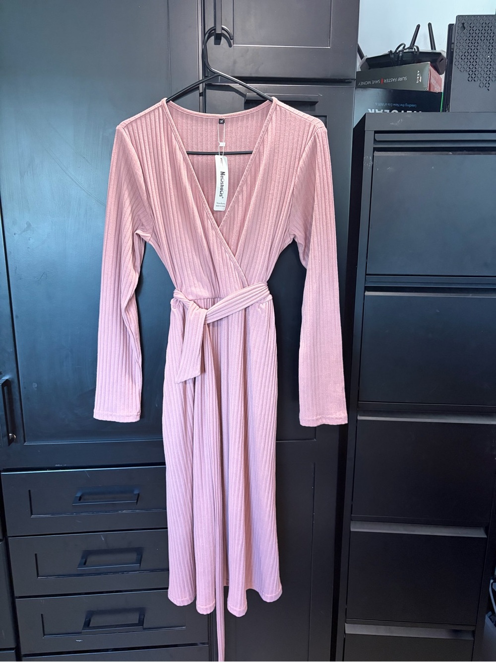 Mossimo Supply Co. Dusty Pink Ribbed Wrap Midi Dress with Tie Waist